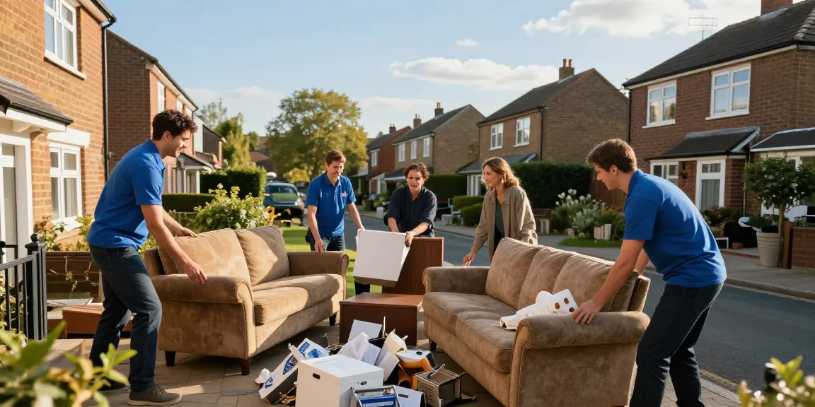 North London house clearance service with a happy team removing furniture, emphasizing eco-friendly waste disposal.