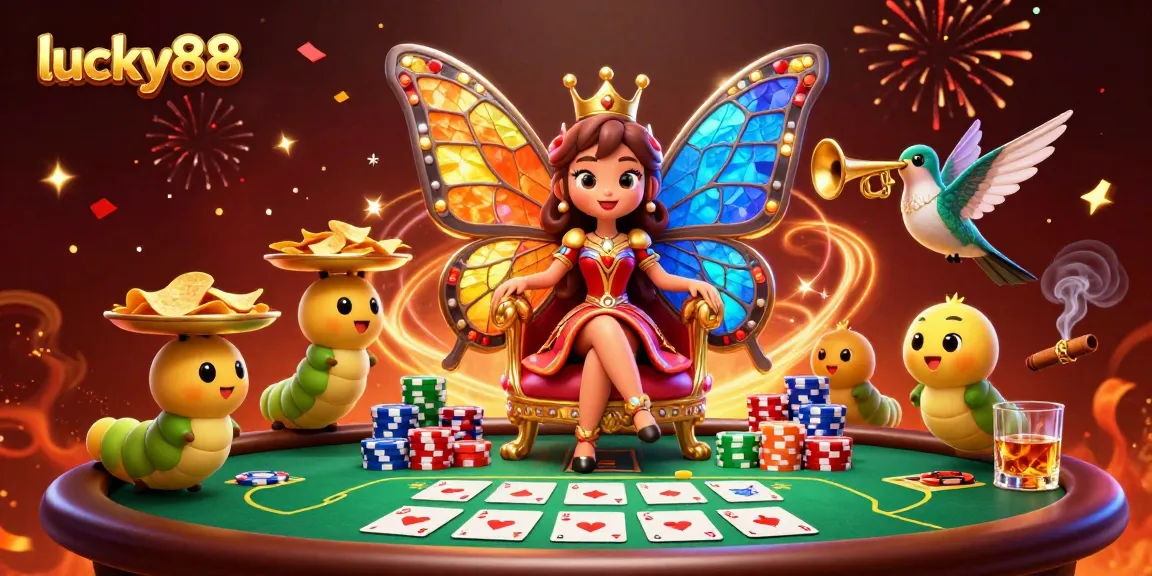 Experience the excitement of lucky88 with a vibrant 3D casino illustration showcasing a butterfly queen and poker elements.
