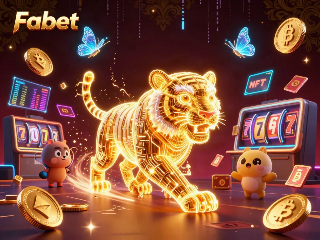 Engage with Fabet's vibrant 3D casino art featuring a glowing golden tiger and crypto coins.