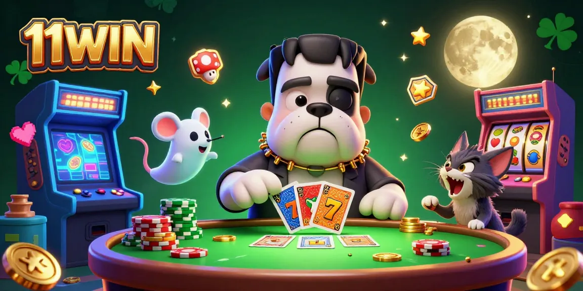 Engage with 11WIN's vibrant casino scene featuring a Frankenstein bulldog and werewolf kitten amid rich slot elements.