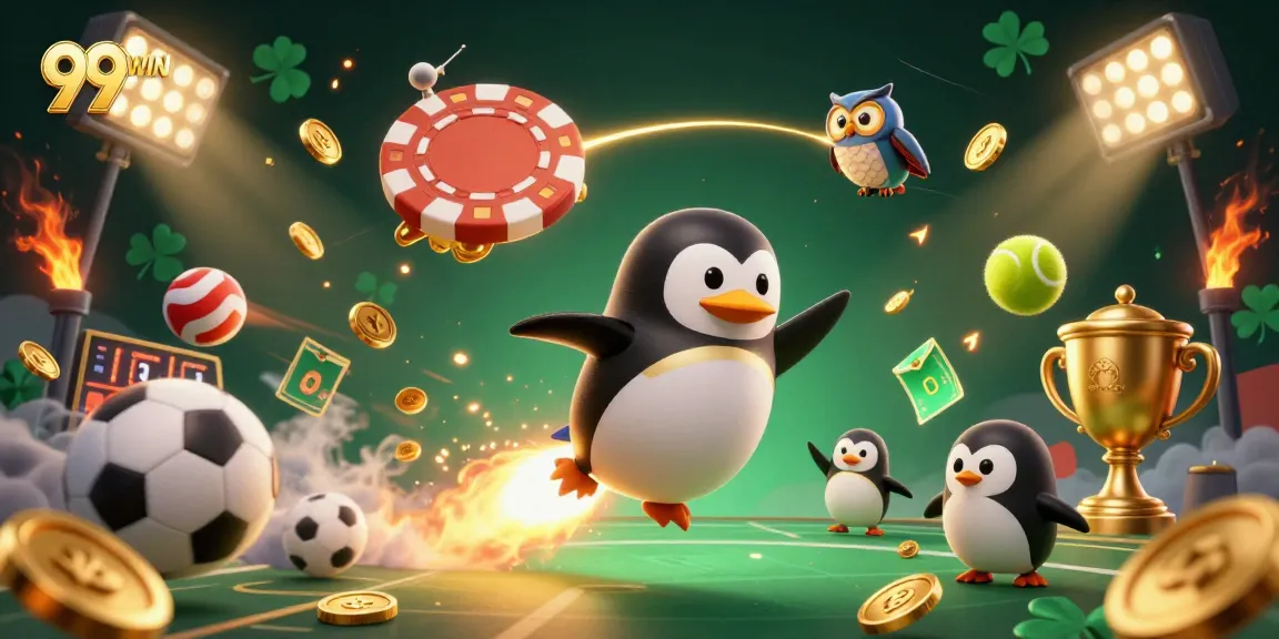 Experience the thrill of 99WIN with a golden penguin flying towards a casino in space, surrounded by sports elements.