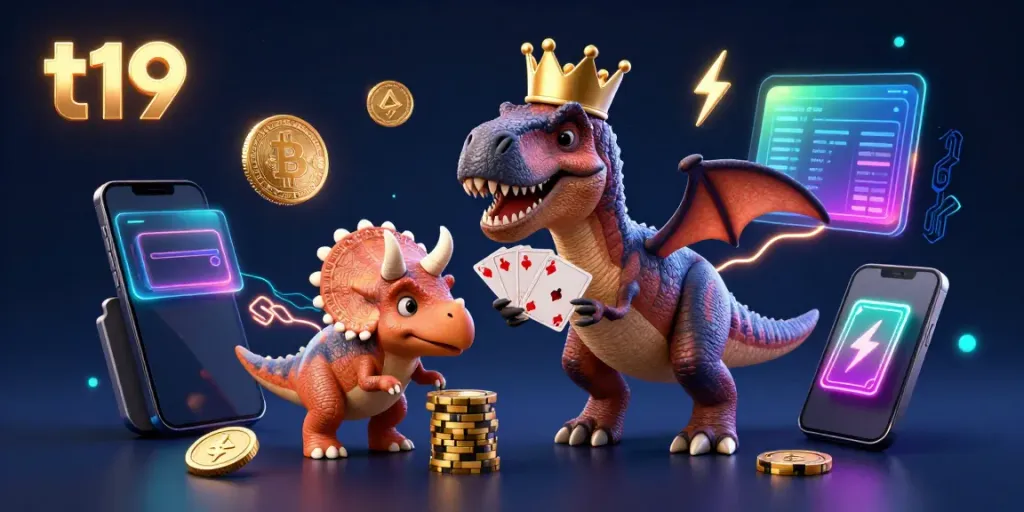 T19 casino illustration featuring a T-Rex and pterodactyl in a card game, with neon crypto elements.