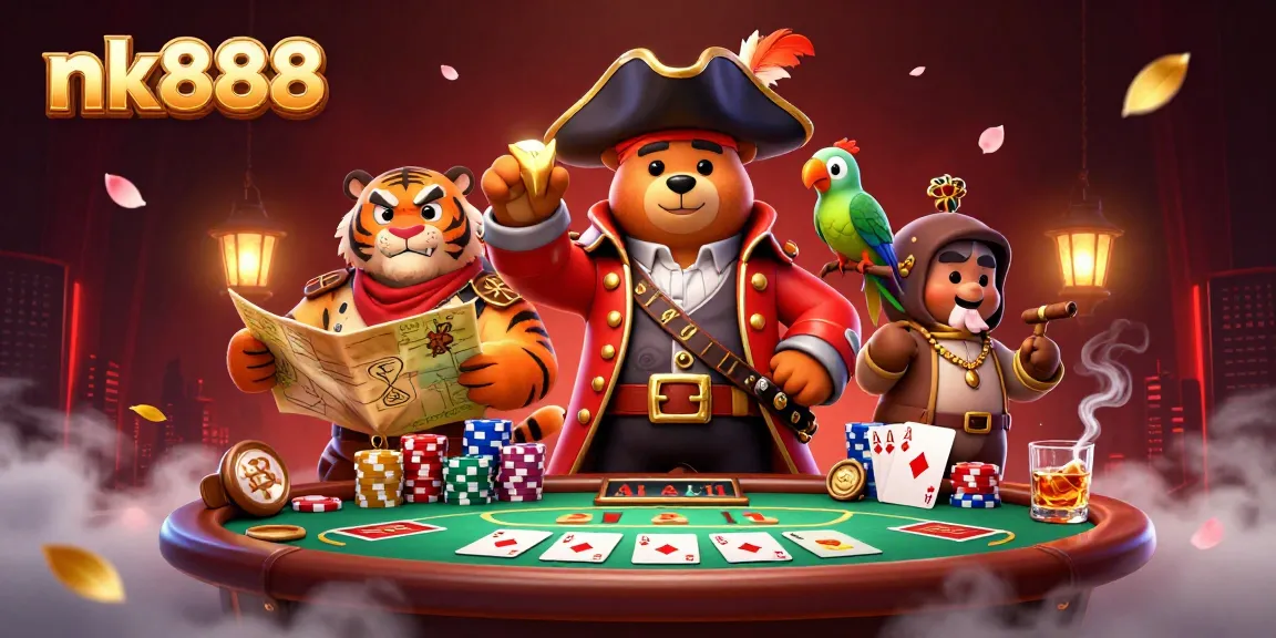 Engage with nk888's vibrant casino scene featuring characters and poker elements in action.