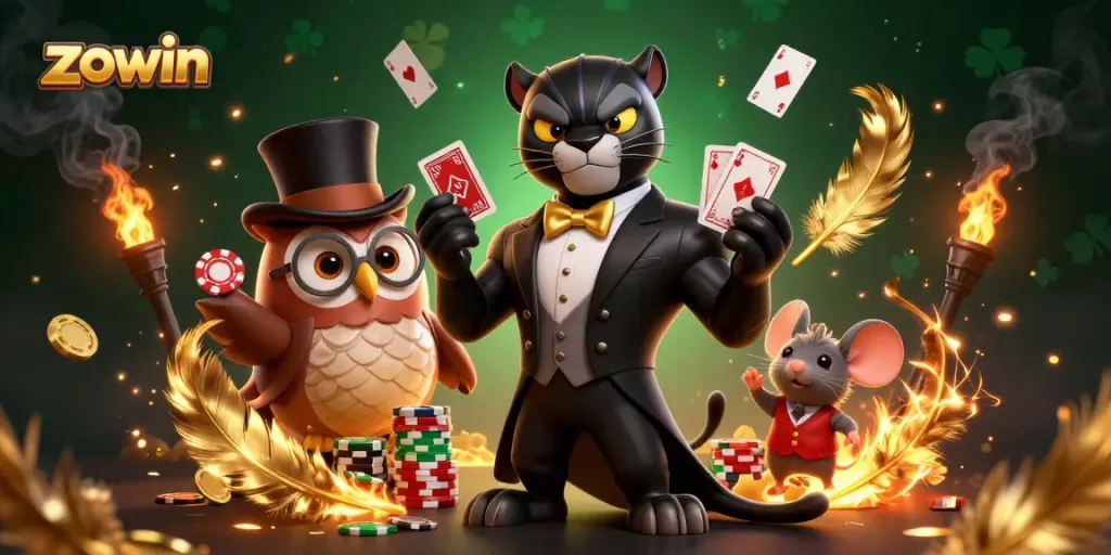Join the fun at zowin with stylized characters playing cards and chips in a luxurious casino setting.