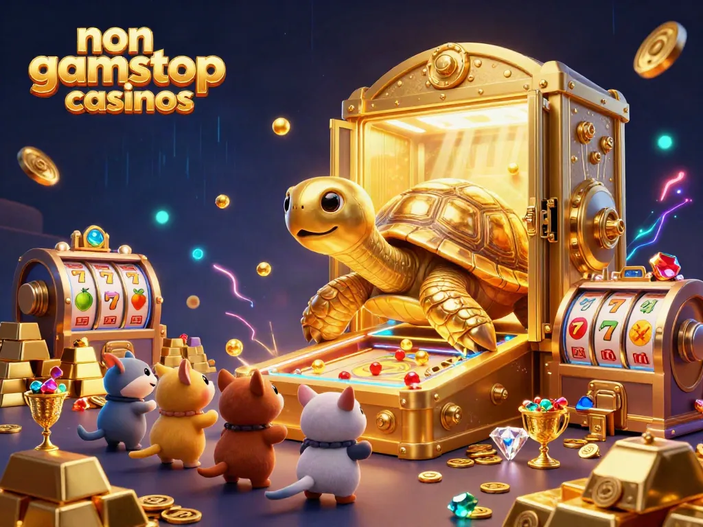Gaming action at non gamstop casinos featuring a golden tortoise pinball machine scene.