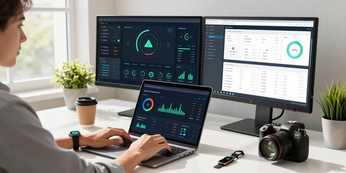 A person using a smart ring while working at a tech-focused desk with monitors showing health metrics.