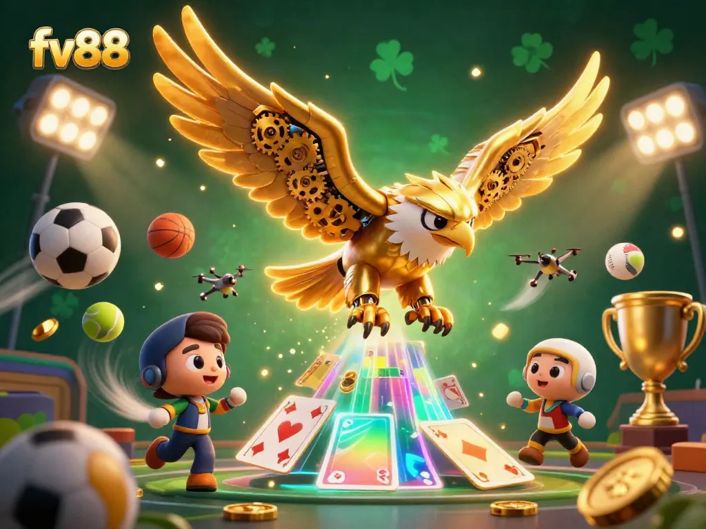 Experience the energetic gameplay at fv88, featuring a dynamic golden eagle amidst holographic playing cards and sports elements.