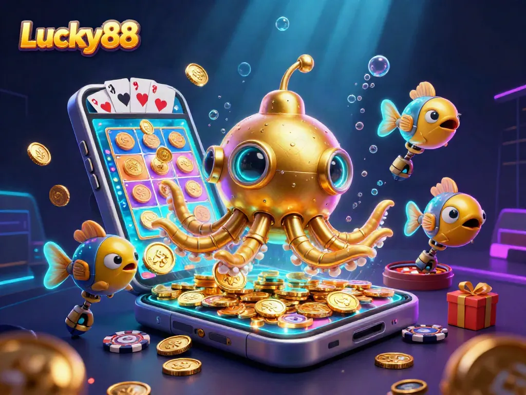 Experience the thrilling world of Lucky88 with a vibrant 3D illustration featuring a golden kraken amidst a sea of coins and casino elements.