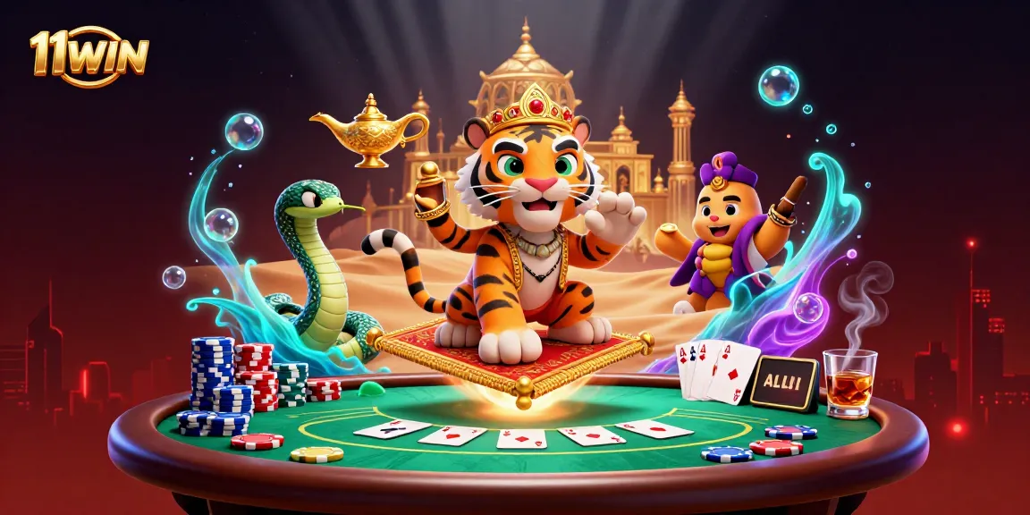 Experience the thrill of 11WIN with a vibrant gaming scene featuring a tiger sultan and poker elements.