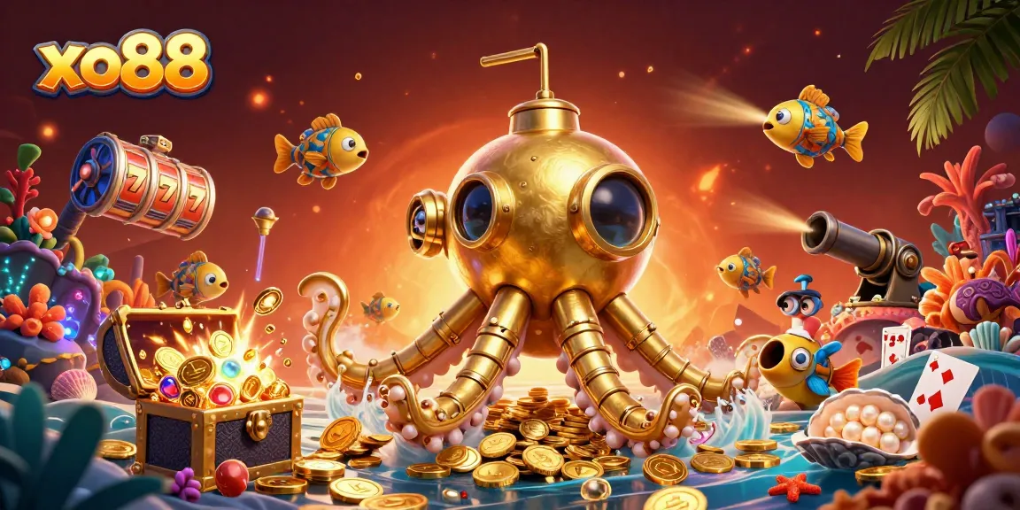 Experience the thrill of xo88 with the kraken submarine among floating jackpots and treasures.