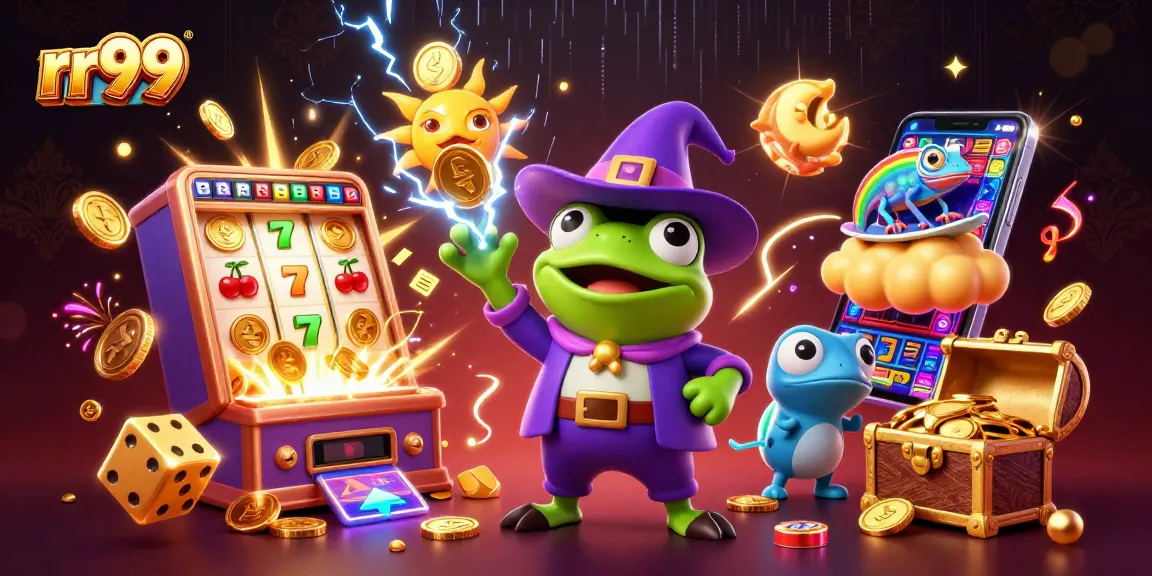 rr99 showcases a magical scene of winning fortunes with a wizard frog, chameleon, and treasure chest