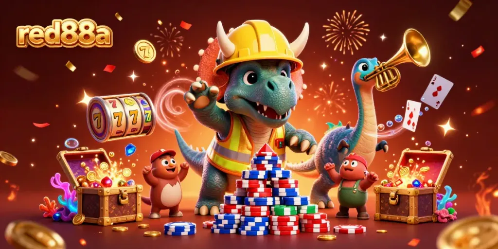 Spin the reels with excitement at red88a, where cartoon characters celebrate wins among floating casino elements.