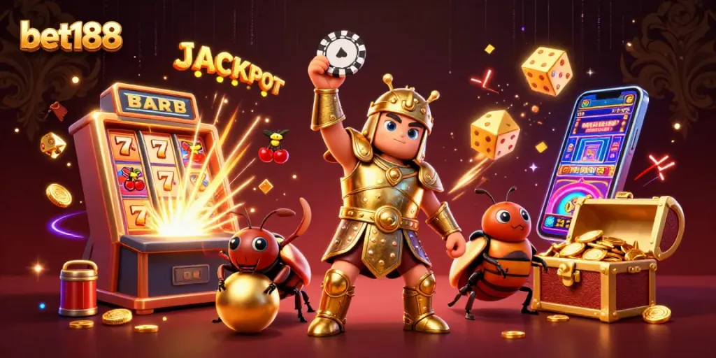 Bet188 features a dynamic casino scene with cartoon beetles celebrating a jackpot among flying coins and vibrant game elements.