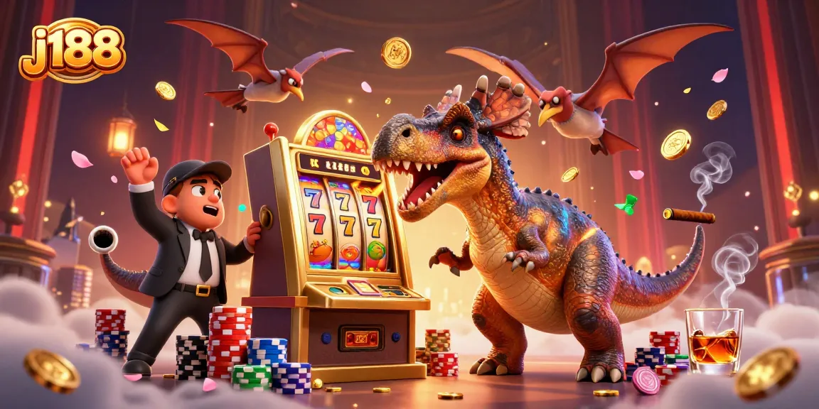 j188 slot machine jackpot triggered by a dinosaur, showcasing vibrant casino elements.