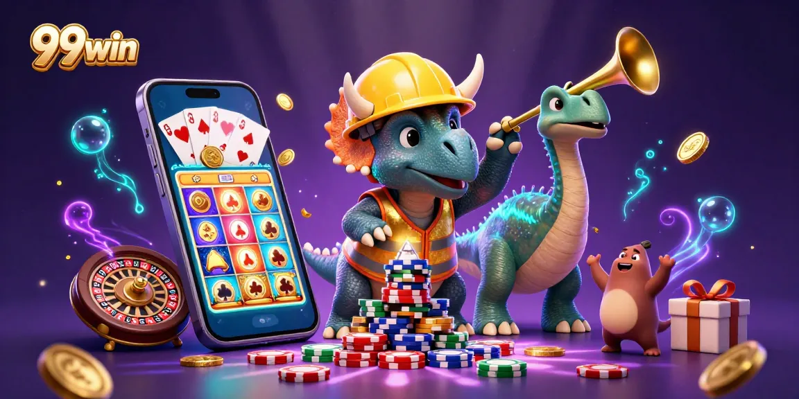 Engage with 99win's thrilling gaming universe featuring dynamic casino elements and a fun triceratops!