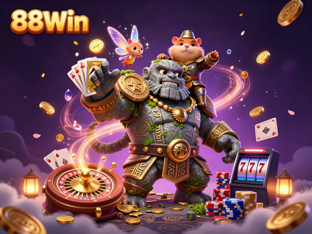 Experience the magic of 88Win's immersive casino adventure featuring a golem guardian and a fairy.