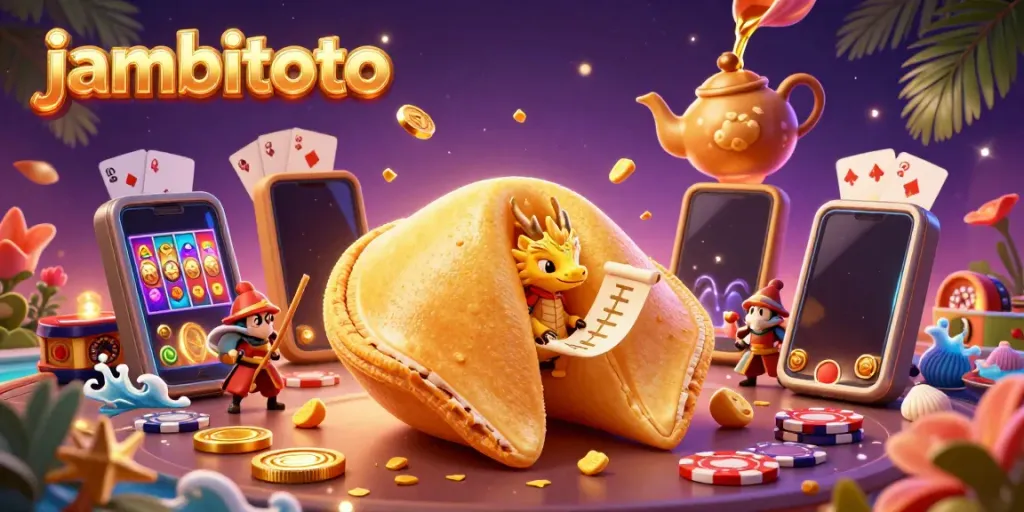 Experience the excitement at jambitoto with vibrant casino-themed illustration showcasing golden fortune cookies and dynamic slot games.