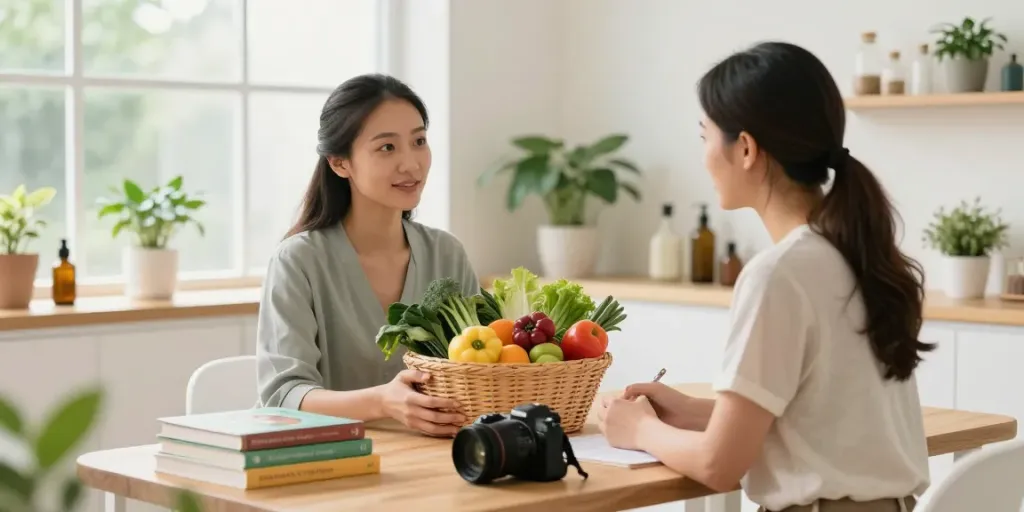 Naturopath Surrey consultation in a serene clinic, discussing bespoke nutrition plans with vibrant produce.