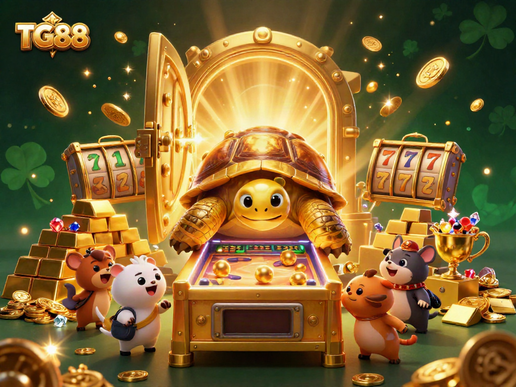 Engaging TG88 casino scene with a tortoise as a pinball machine and exciting gold elements.