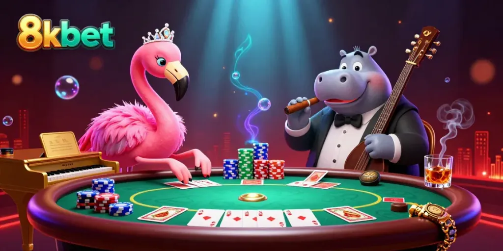 Experience the vibrant 8xbet gaming environment with a flamingo singer and hippo bassist amidst colorful poker elements.