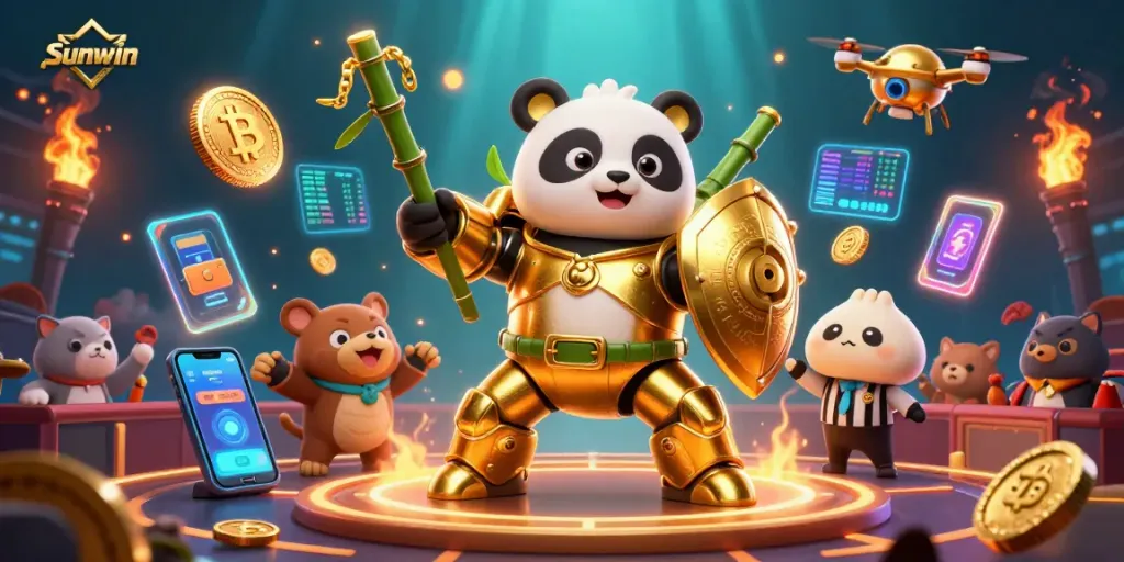 Engage with Sunwin's vibrant gaming scene featuring a golden panda in a mech-robot context.