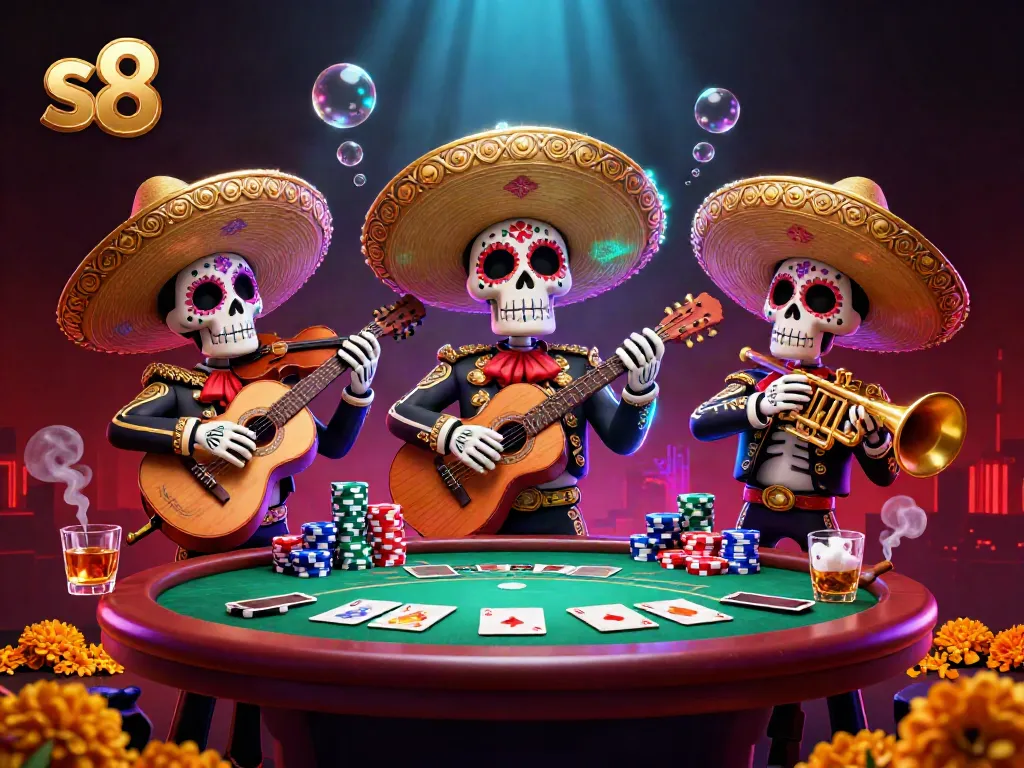 Experience thrilling poker action with vibrant s8 inspired mariachi band and gaming elements.