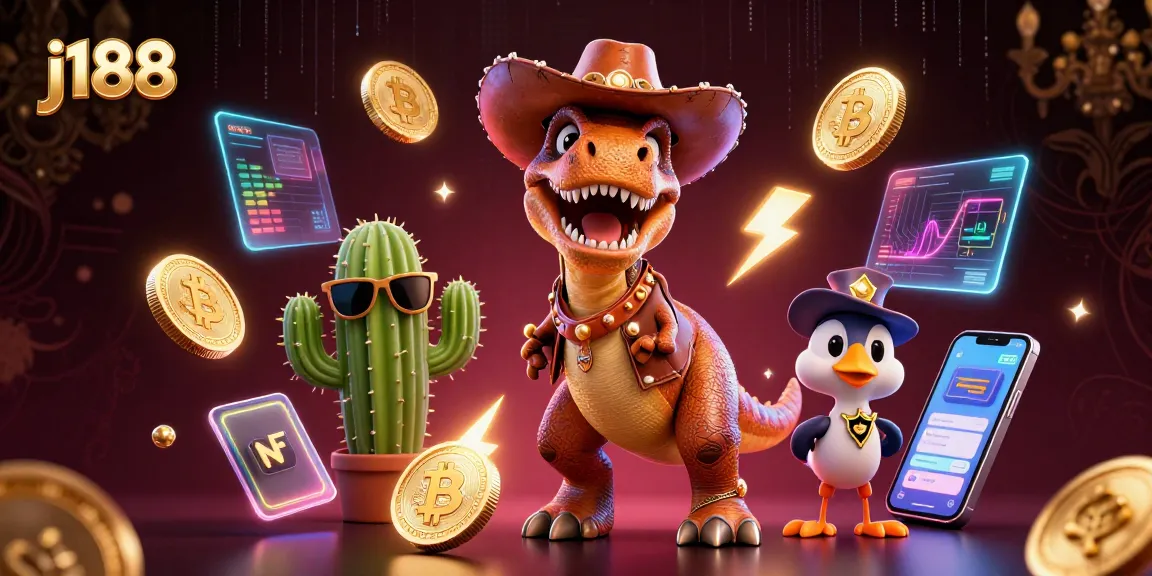 Join the fun with j188's vibrant casino scene featuring a T-Rex cowboy and crypto elements!