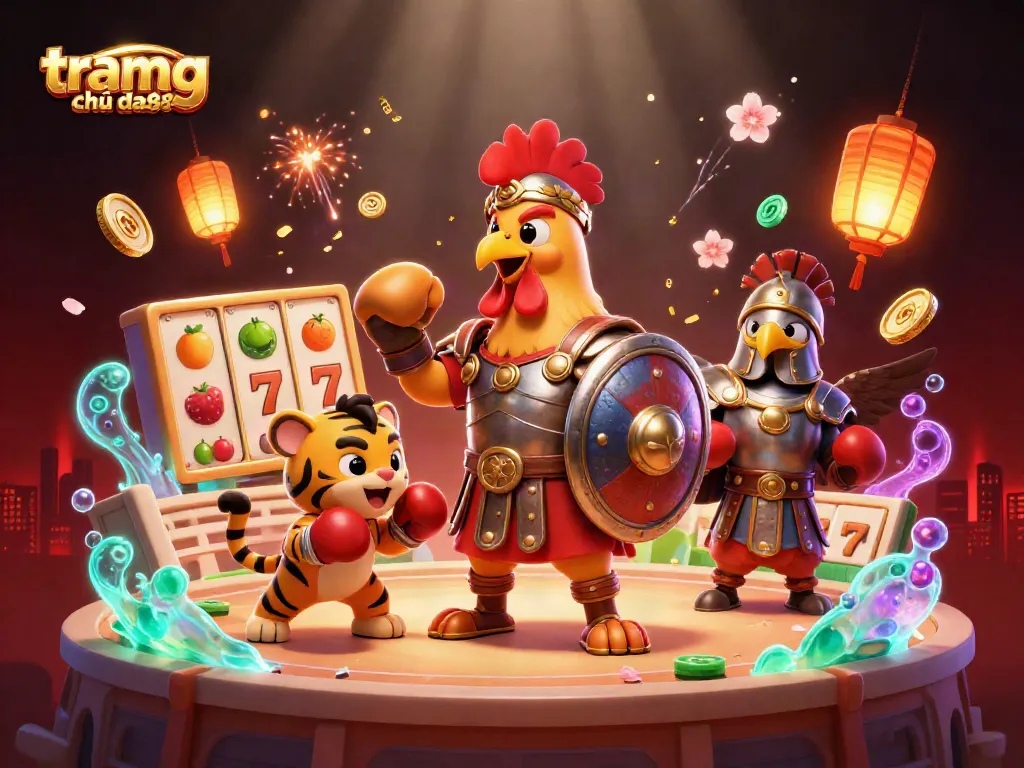 Engage in thrilling experiences at tramg chủ da88 with a rich scene of a rooster hero and festive slot elements.