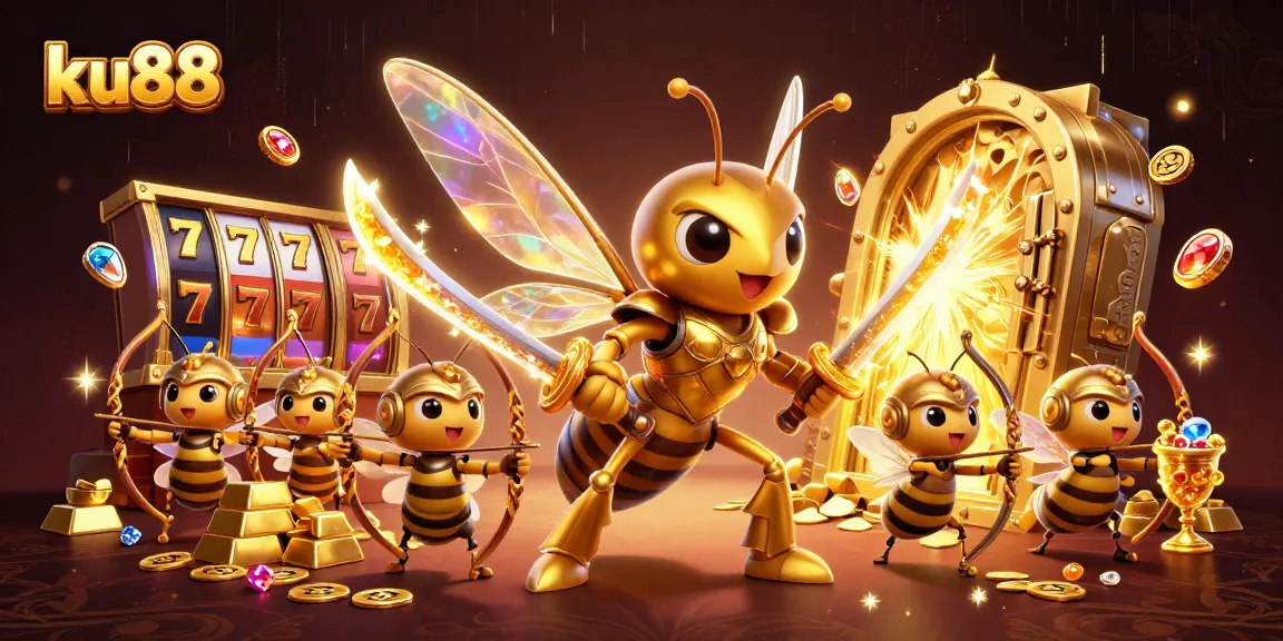 Engage with ku88's vibrant online casino scene featuring a golden samurai hornet and treasures.