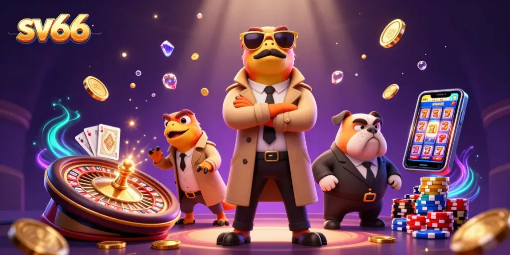 Experience the excitement of sv66 by entering a vibrant VIP casino lounge with animated raptors.