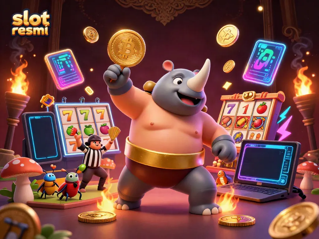 Witness a slot resmi spectacle with a sumo champion beetle and Bitcoin coins amidst vibrant gambling elements.