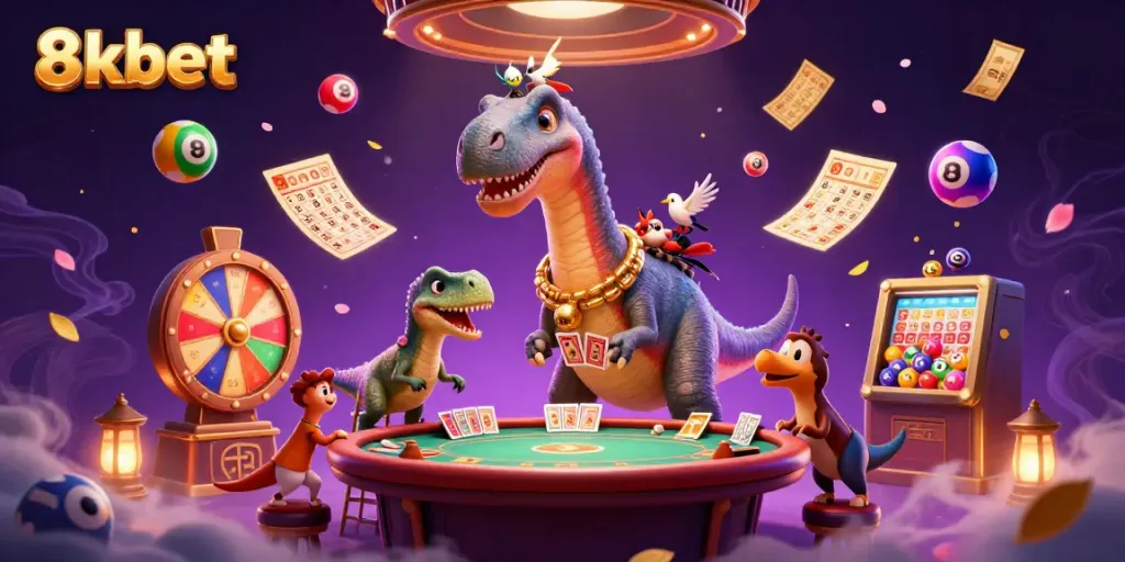 Experience the thrill of 8xbet with a whimsical 3D dinosaur casino scene, where fun meets gaming excitement.