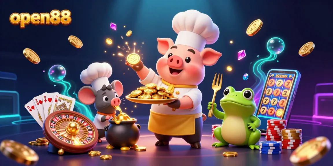 open88 features a lively scene with a chef pig, sous-chef mouse, and critic frog amidst casino elements