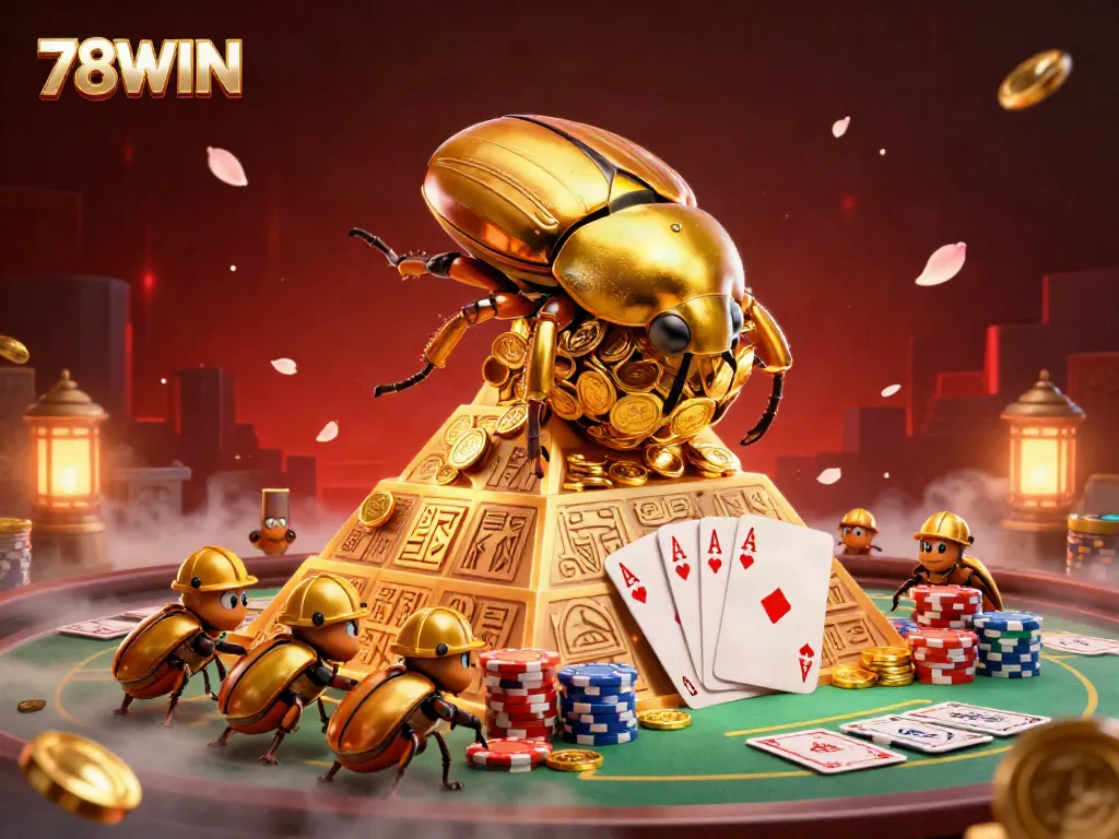 Experience excitement at 78WIN with a golden dung beetle rolling coins and vibrant poker details.