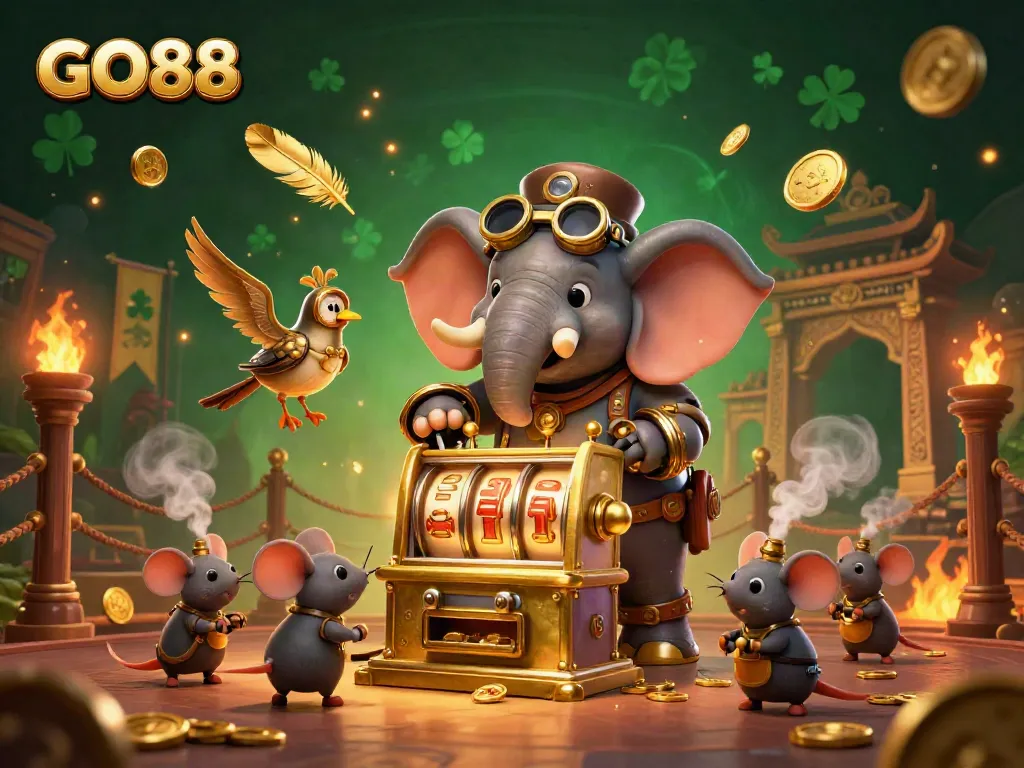 Experience thrilling gameplay at GO88 with the steampunk elephant character operating a vibrant slot machine.