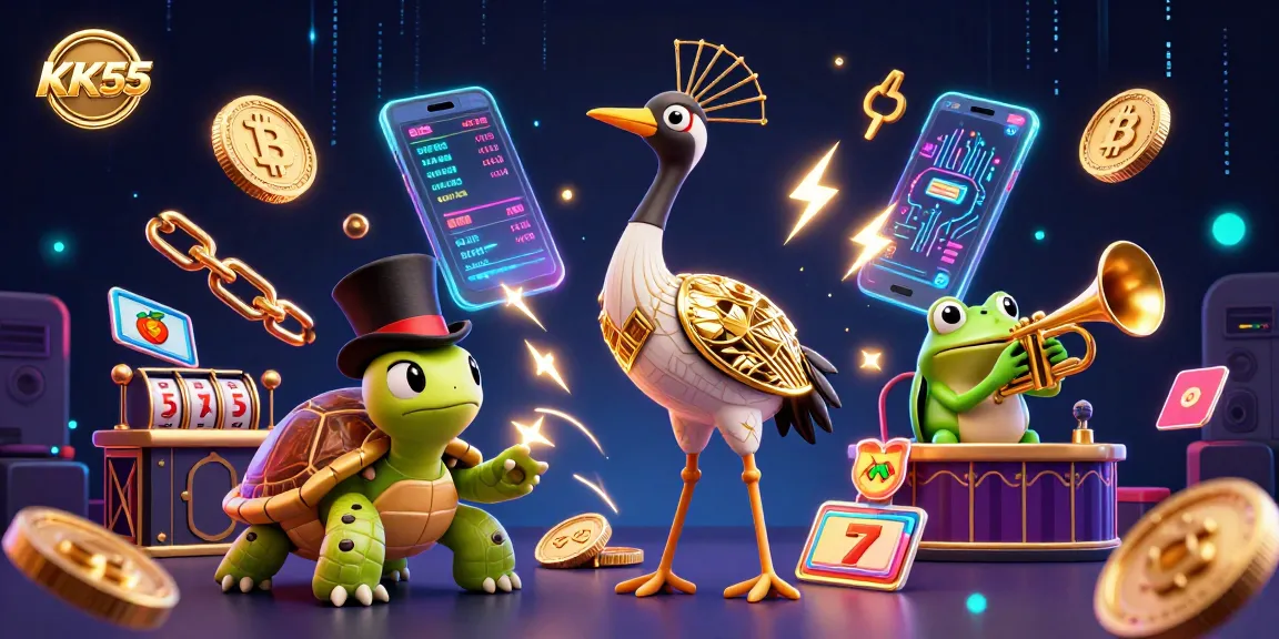 Win big at KK55 with this vibrant 3D illustration showcasing casino fun and digital currency excitement.
