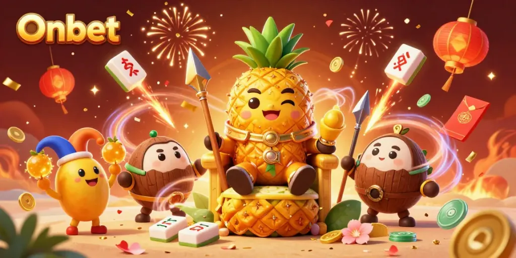 Experience the vibrant Onbet beach casino with a golden pineapple king, jester, and festive elements.
