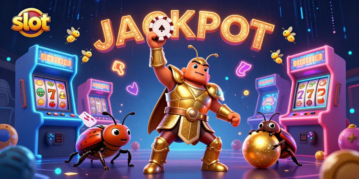 Spin the slot reels in a vibrant scene featuring a heroic beetle and glowing jackpot elements.