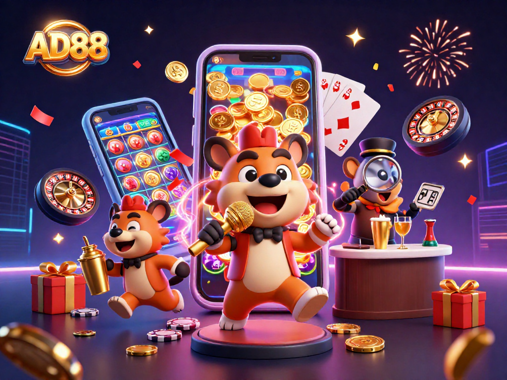 AD88 hyenas bring laughter and gaming excitement in a vibrant 3D casino scene.