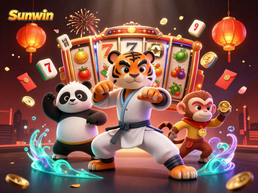 Engage in thrilling gameplay with Sunwin's vibrant 3D slot illustration featuring dynamic casino elements.