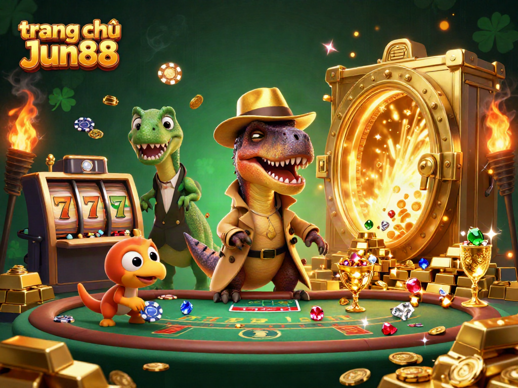 Experience the thrill at trang chủ Jun88 with a velociraptor card counter at a blackjack table amidst sparkling casino treasures.