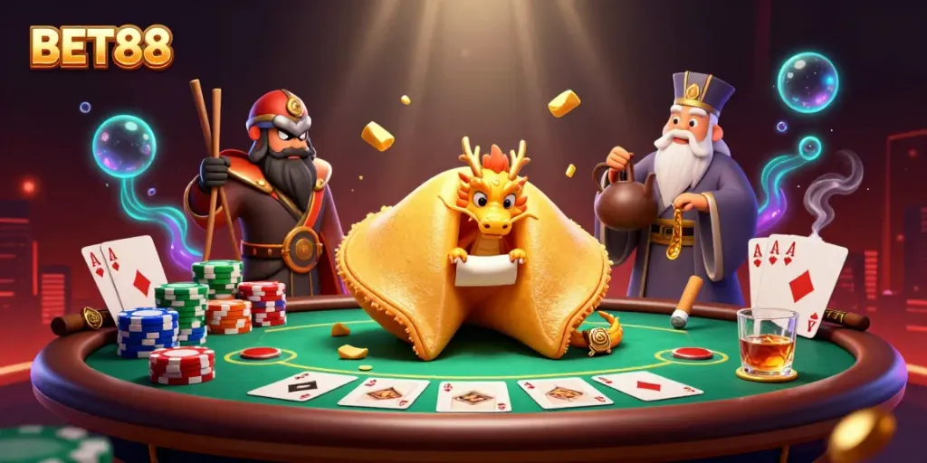 Engage in thrilling gameplay at BET88 with golden fortune cookie and poker action in a vibrant casino scene.