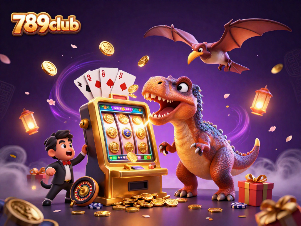 Engage with 789club in an exciting casino scene featuring a dinosaur headbutting a jackpot slot machine.