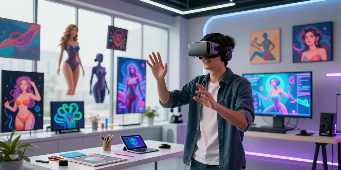 AI nsfw immersive virtual reality scene showcasing colorful artwork and a user engaged in creative exploration.