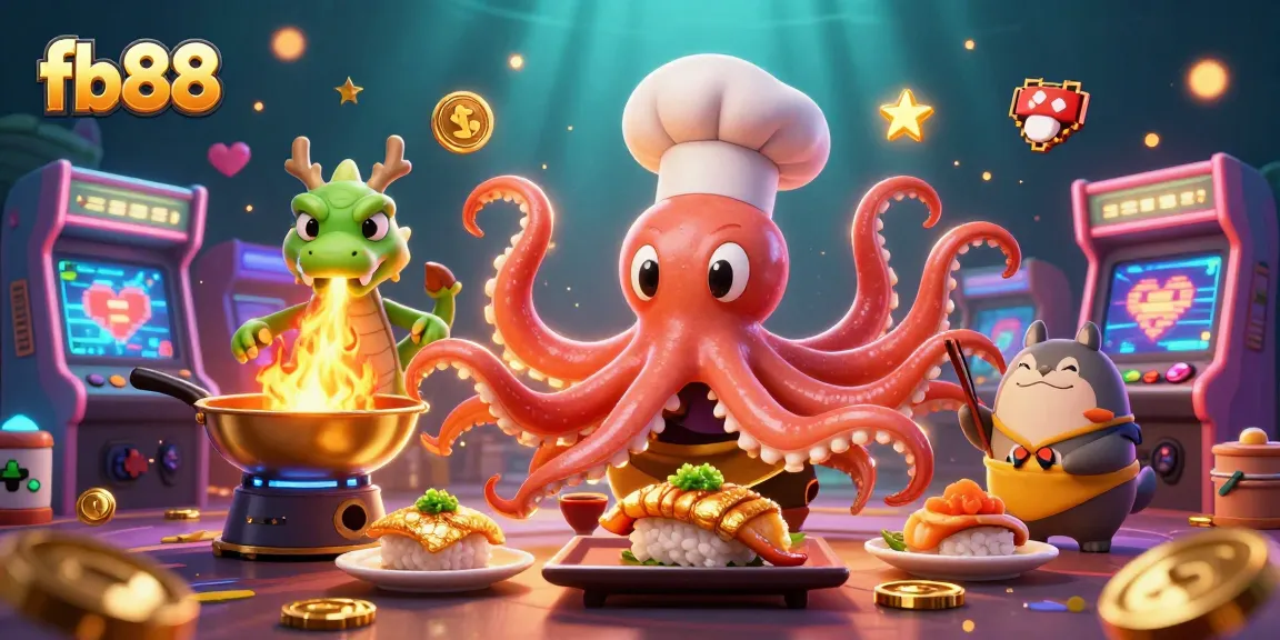 Experience the thrill of fb88 with a dynamic scene featuring a sushi chef octopus cooking surrounded by colorful gaming elements.
