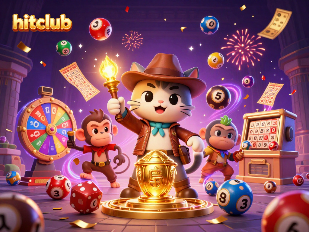 Hitclub presents an explorer cat uncovering golden artifacts in a vibrant casino-themed adventure.