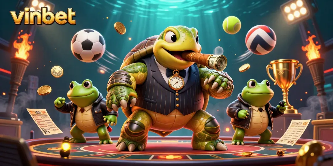 Play and win with vinbet in this vibrant casino scene featuring cartoon characters and dynamic game elements.