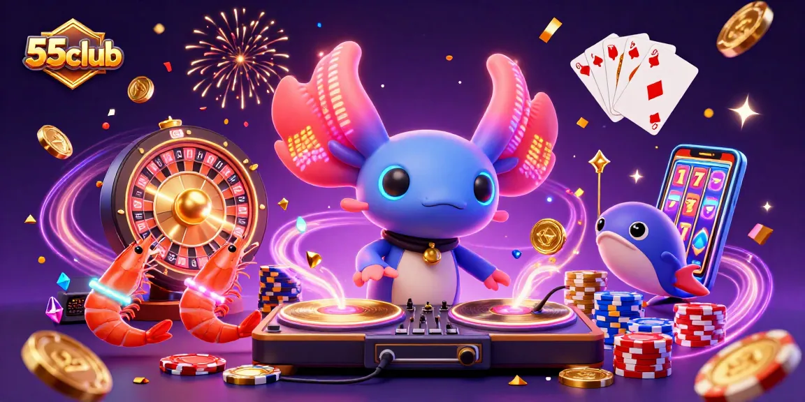 Experience the excitement of 55club with neon characters and vibrant casino elements.