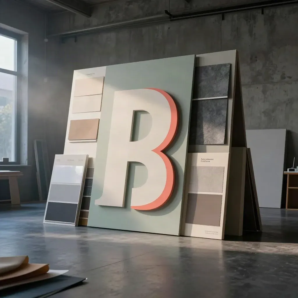 Cinematic brand studio installation with boards, swatches, packaging, and dramatic haze