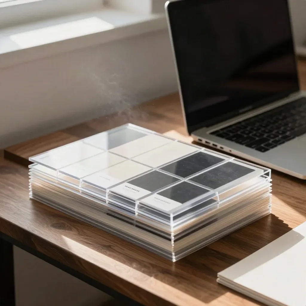 Layered web design mockup with acrylic panels and a closed laptop on a walnut workbench.